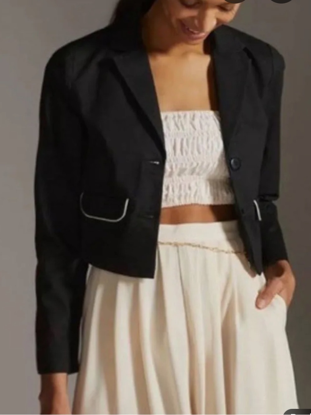 New Anthro Maeve Cotton Cropped Contrast Trim Blazer Black Size 14